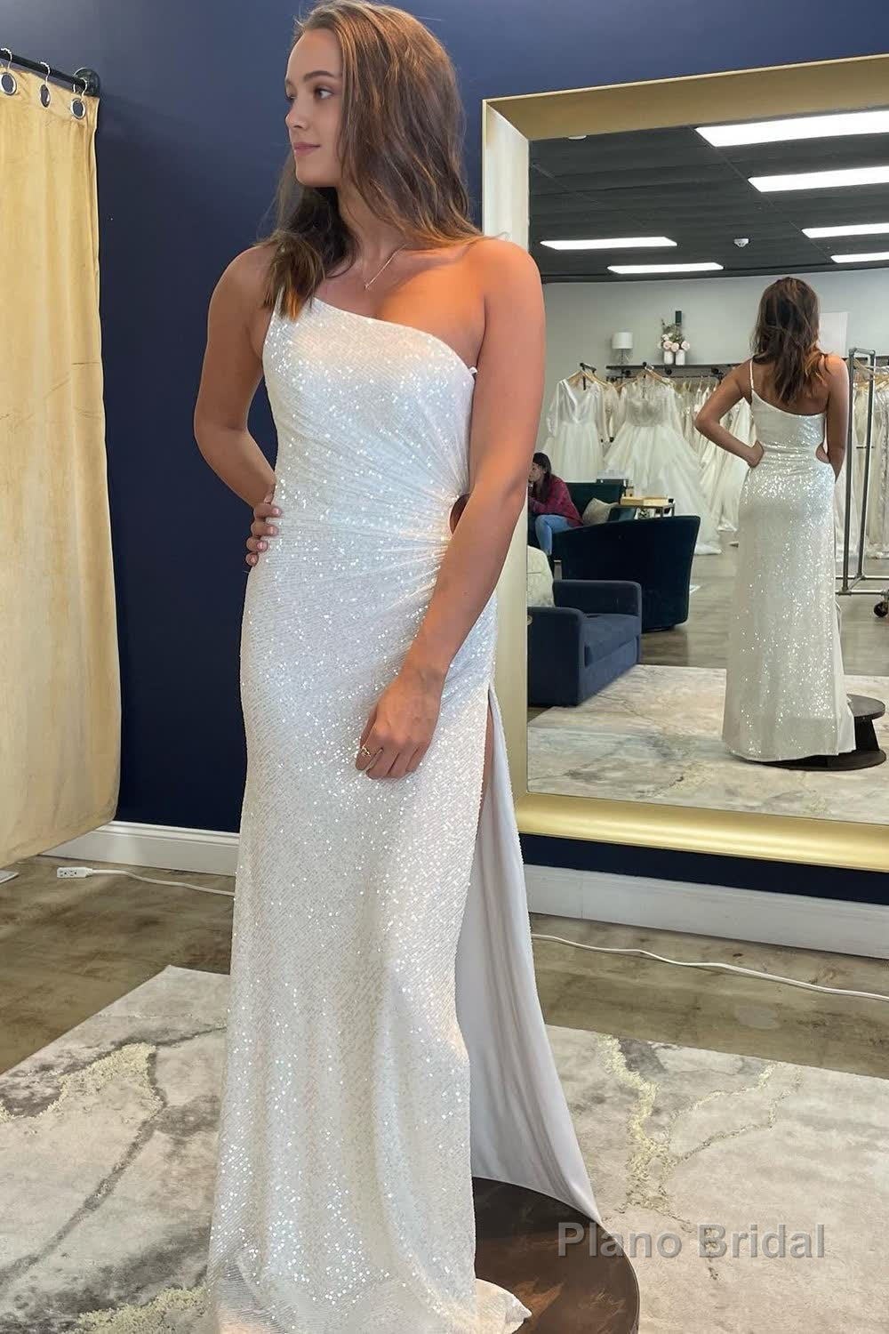 One Shoulder White Sparkly Mermaid Sequins Long Prom Dress with Slit Main image