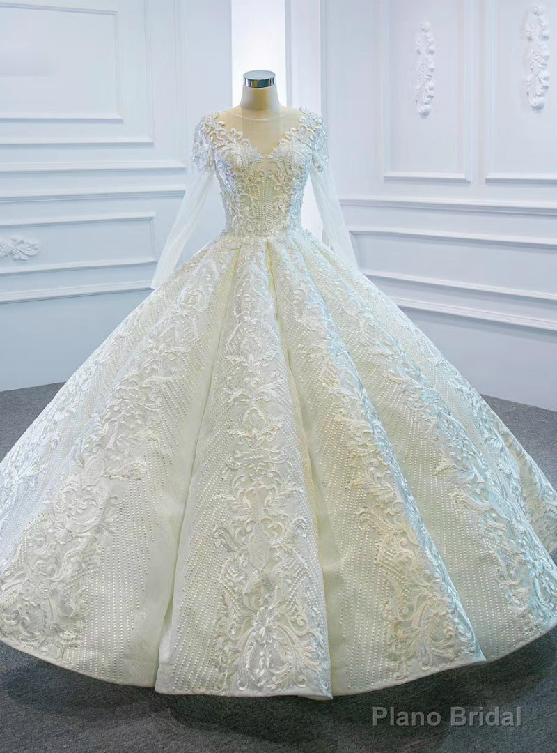 Online Store White Ball Gown Lace Appliques Long Sleeve Beading Wedding Dress Main image