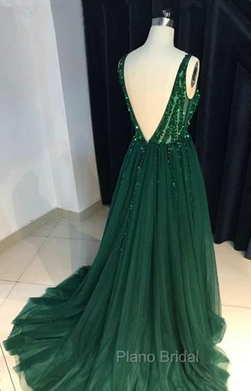 Open Back A-line Tulle Formal Prom Dresses Crystals Women Party Dresses