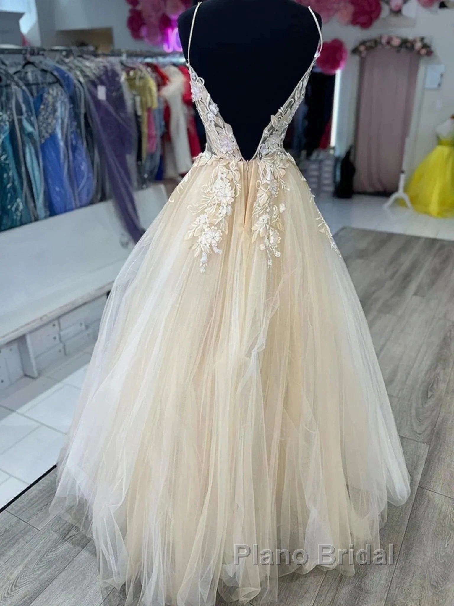 Open Back Appliques A Line V Neck Champagne Formal Prom Dresses