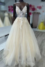 Open Back Appliques A Line V Neck Champagne Formal Prom Dresses