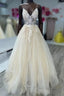 Open Back Appliques A Line V Neck Champagne Formal Prom Dresses