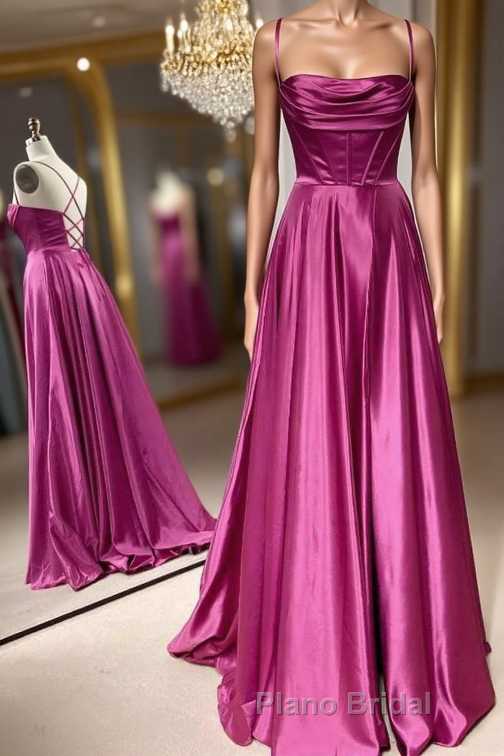 Open Back Fuchsia Satin Ruched Long Formal Prom Dress, Long Fuchsia Formal Graduation Evening Dress Main image
