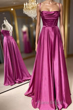 Open Back Fuchsia Satin Ruched Long Formal Prom Dress, Long Fuchsia Formal Graduation Evening Dress