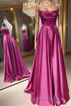 Open Back Fuchsia Satin Ruched Long Formal Prom Dress, Long Fuchsia Formal Graduation Evening Dress