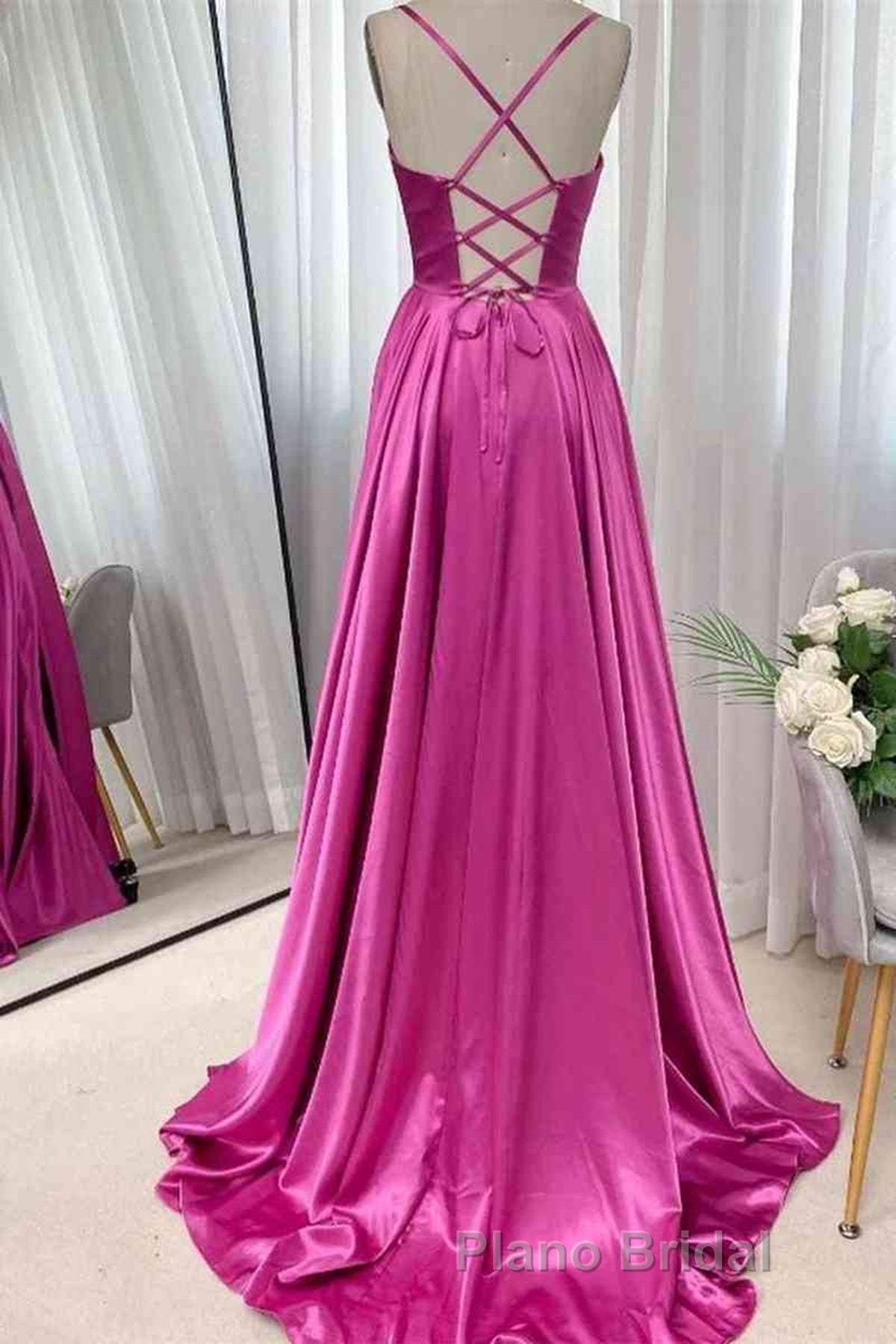 Open Back Fuchsia Satin Ruched Long Formal Prom Dress, Long Fuchsia Formal Graduation Evening Dress Secondary image
