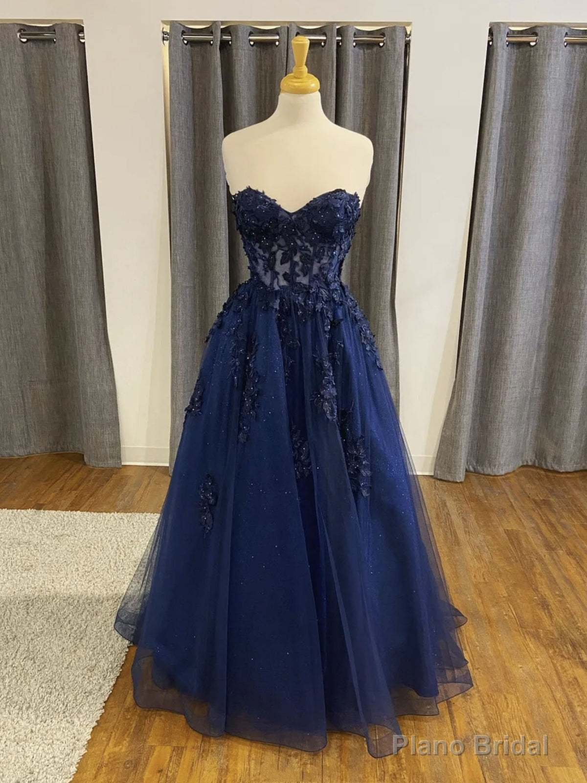 Open Back Navy Blue Lace Beaded Long Prom Dresses,Formal Graduation Party Dress Main image