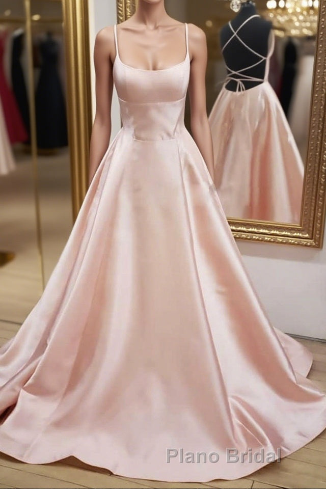Open Back Pink Satin Long Formal Prom Dresses, Backless Pink Satin Long Formal Evening Dresses