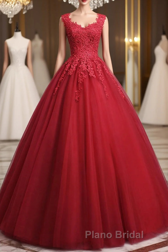 Open Back Red Lace Long Formal Prom Dress, Red Lace Formal Evening Dress, Red Ball Gown Main image