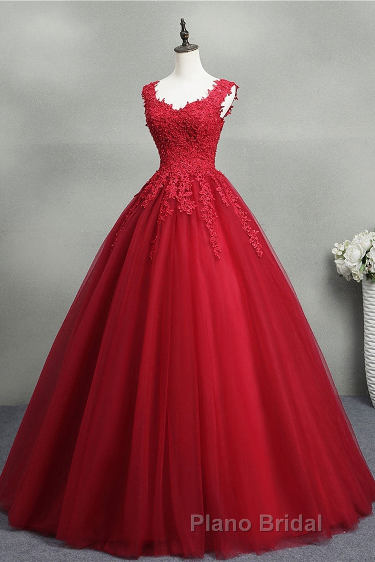 Open Back Red Lace Long Formal Prom Dress, Red Lace Formal Evening Dress, Red Ball Gown