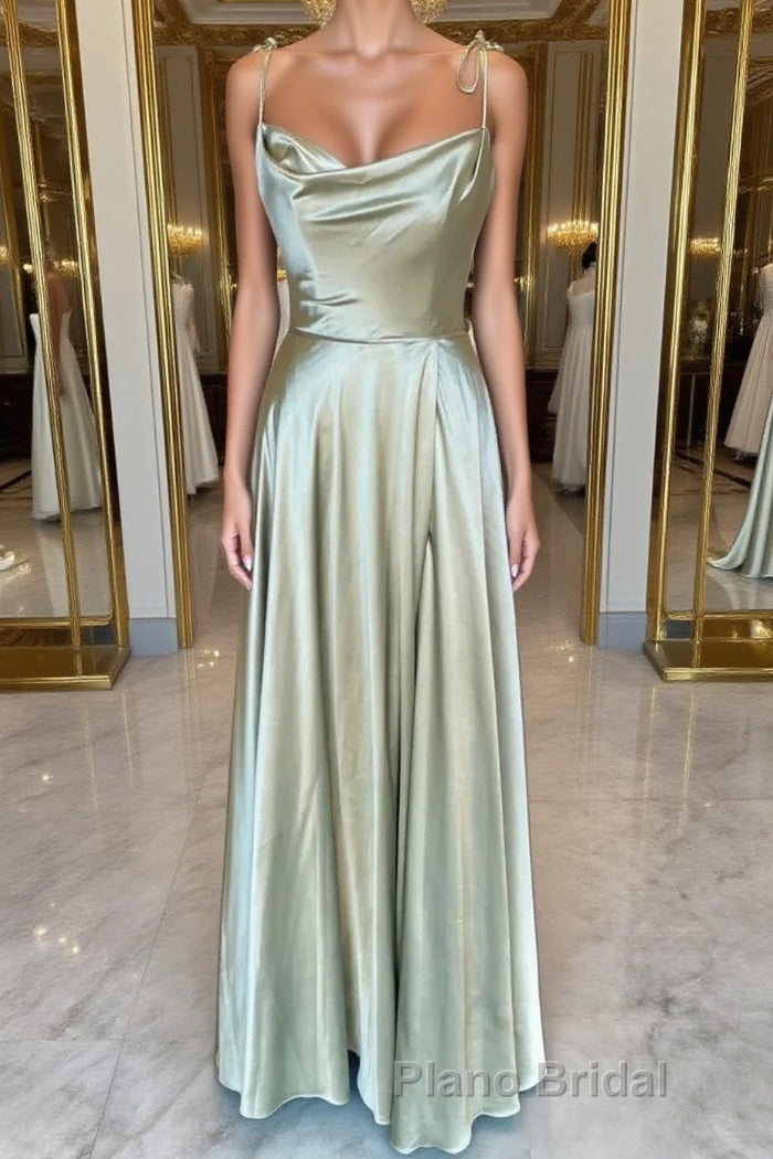 Open Back Sage Satin Long Formal Prom Dress with High Slit, Long Sage Formal Graduation Evening Dress Main image