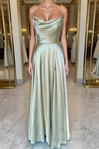 Open Back Sage Satin Long Formal Prom Dress with High Slit, Long Sage Formal Graduation Evening Dress