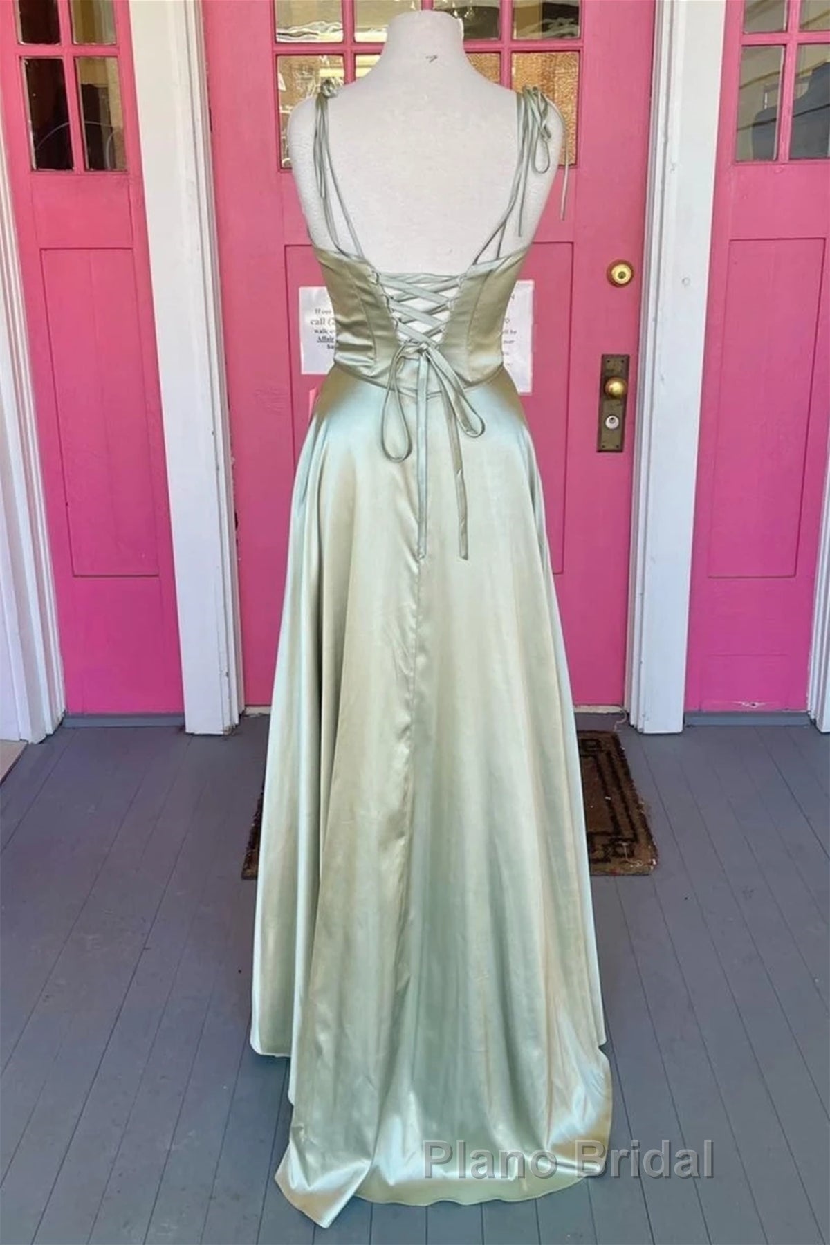 Open Back Sage Satin Long Formal Prom Dress with High Slit, Long Sage Formal Graduation Evening Dress Secondary image