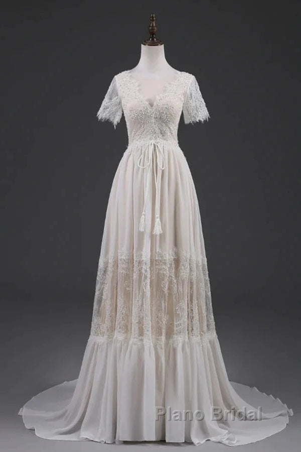 Open Back Short Sleeves V-Neck  Lace Beach Wedding Dresses Secondary image