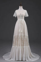 Open Back Short Sleeves V-Neck  Lace Beach Wedding Dresses