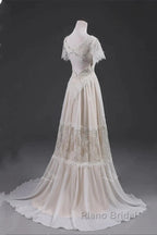 Open Back Short Sleeves V-Neck  Lace Beach Wedding Dresses