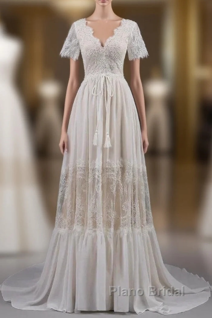 Open Back Short Sleeves V-Neck  Lace Beach Wedding Dresses Main image