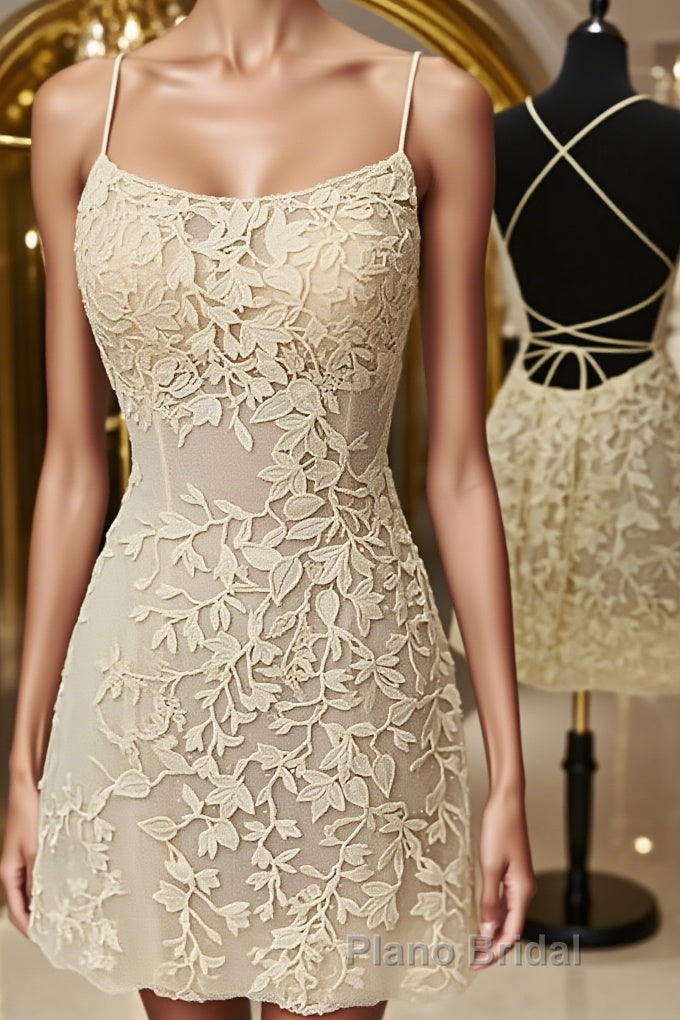 Open Back Short Yellow Lace Formal Prom Dresses, Short Backless Yellow Lace Formal Homecoming Dresses