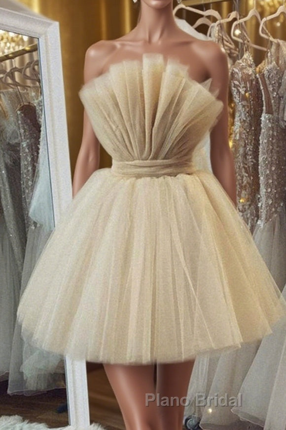Open Back Strapless Champagne Tulle Short Formal Prom Homecoming Dress, Strapless Champagne Formal Graduation Evening Dress Main image