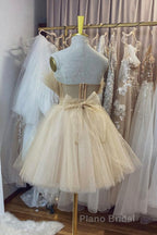 Open Back Strapless Champagne Tulle Short Formal Prom Homecoming Dress, Strapless Champagne Formal Graduation Evening Dress