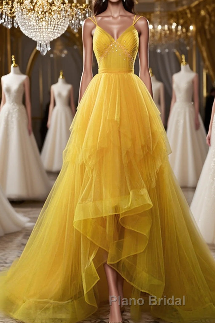 Open Back V Neck High Low Yellow Tulle Long Formal Prom Dress, High Low Yellow Formal Evening Dress Main image