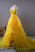Open Back V Neck High Low Yellow Tulle Long Formal Prom Dress, High Low Yellow Formal Evening Dress