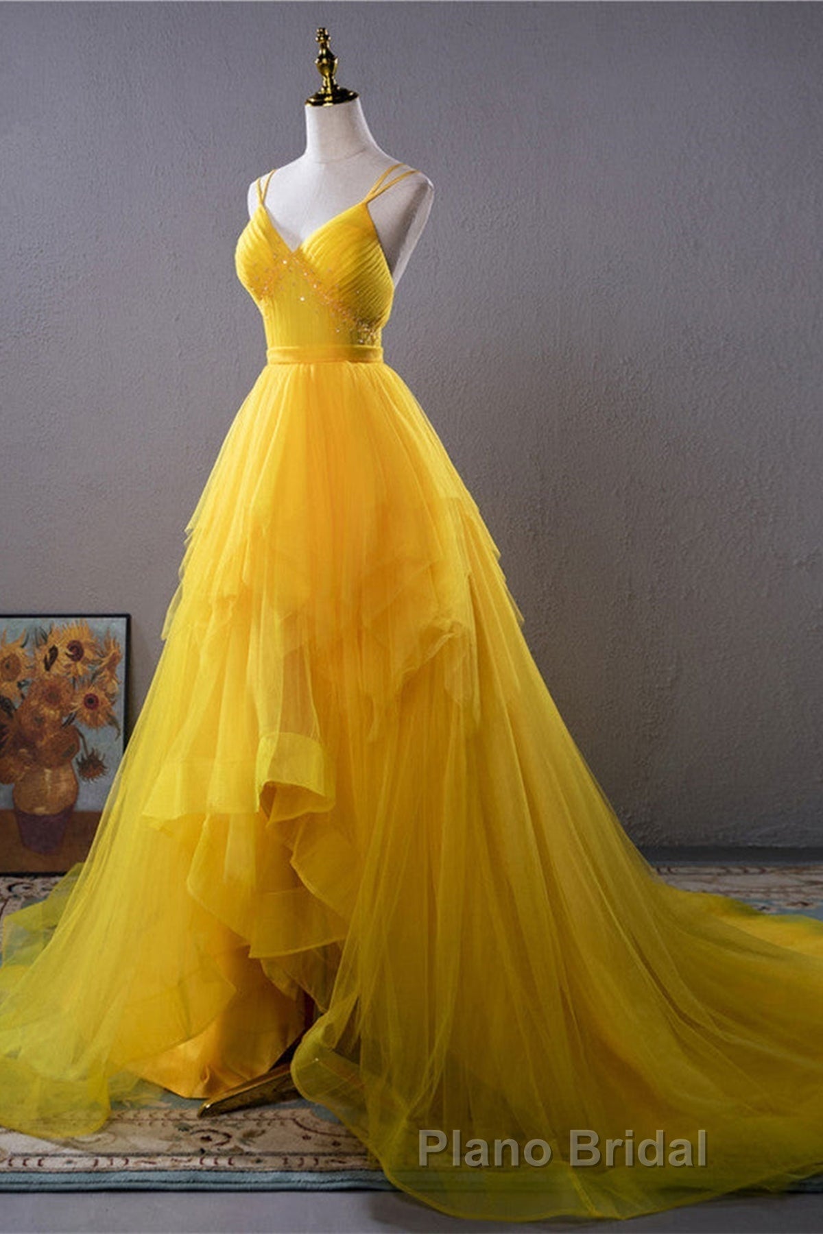 Open Back V Neck High Low Yellow Tulle Long Formal Prom Dress, High Low Yellow Formal Evening Dress