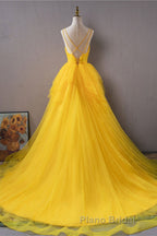 Open Back V Neck High Low Yellow Tulle Long Formal Prom Dress, High Low Yellow Formal Evening Dress