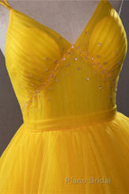 Open Back V Neck High Low Yellow Tulle Long Formal Prom Dress, High Low Yellow Formal Evening Dress