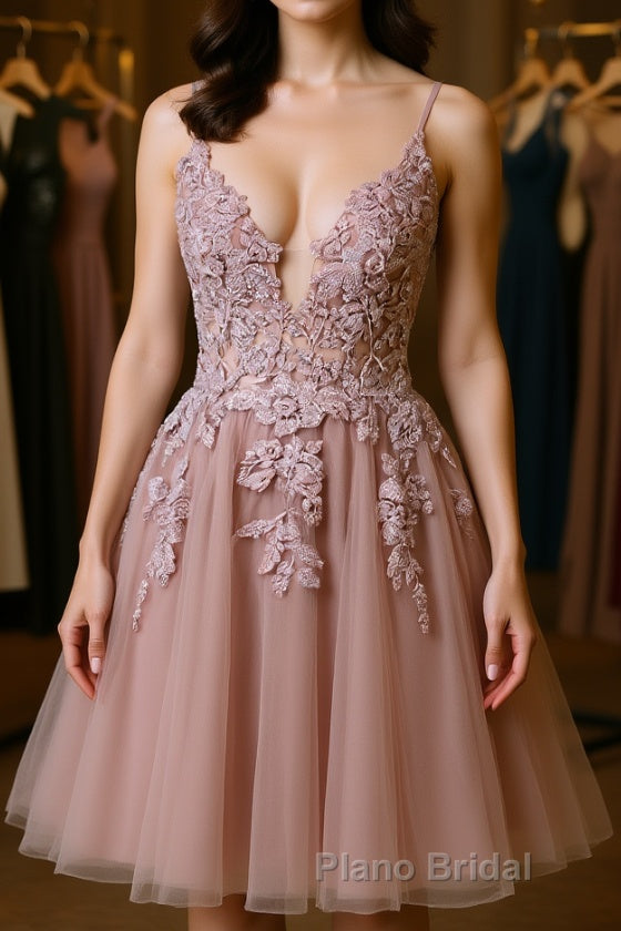 Open Back V Neck Pink Lace Appliques Formal Prom Dress, Pink Lace Homecoming Dress, Short Pink Formal Graduation Evening Dress Main image