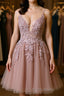 Open Back V Neck Pink Lace Appliques Formal Prom Dress, Pink Lace Homecoming Dress, Short Pink Formal Graduation Evening Dress