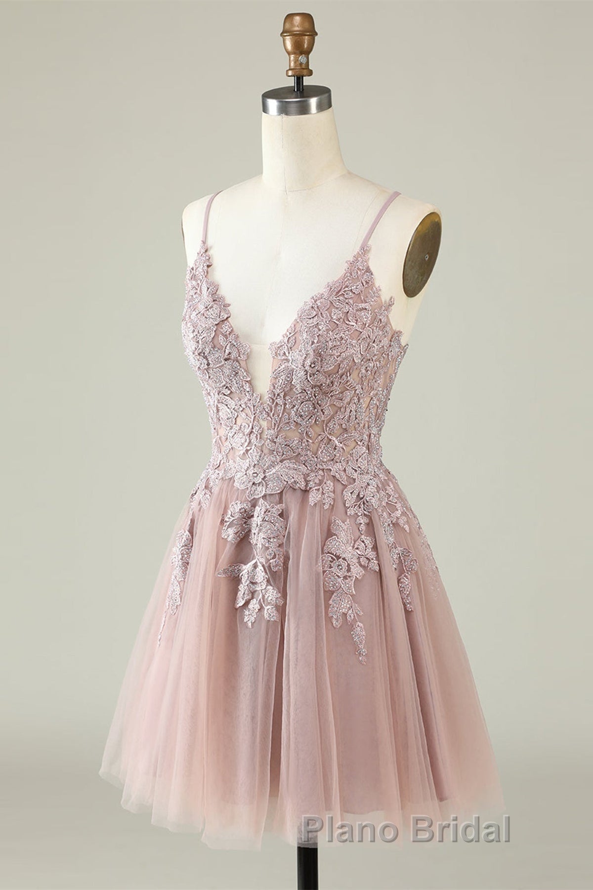 Open Back V Neck Pink Lace Appliques Formal Prom Dress, Pink Lace Homecoming Dress, Short Pink Formal Graduation Evening Dress Secondary image