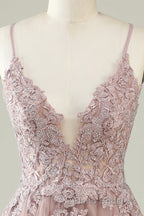 Open Back V Neck Pink Lace Appliques Formal Prom Dress, Pink Lace Homecoming Dress, Short Pink Formal Graduation Evening Dress