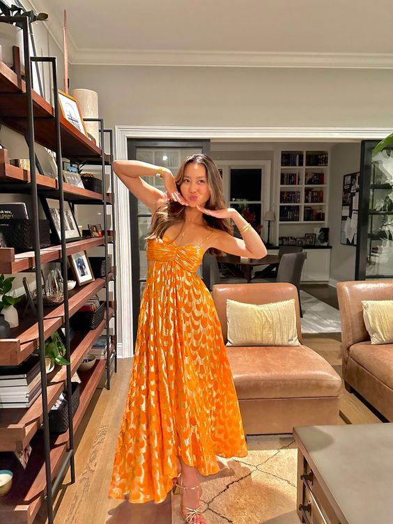Orange A-Line Spaghetti Straps Chic Long Party Dresses Secondary image