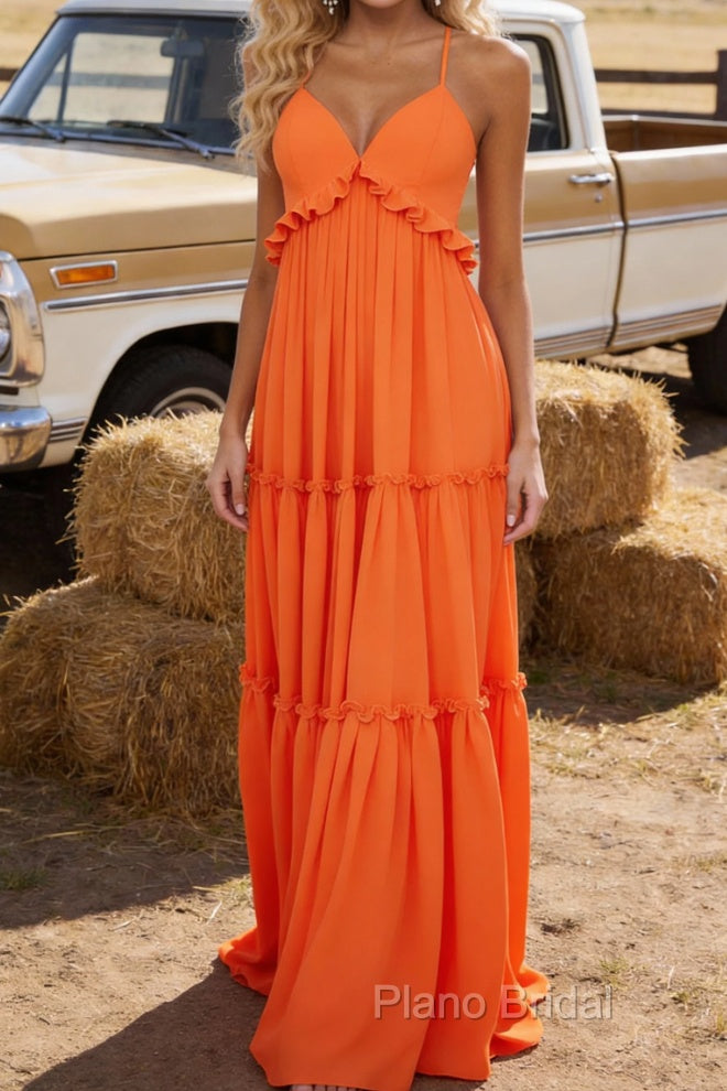 Orange A-line V Neck Sleeveless Floor-Length Chiffon Prom Dress Long Prom Dresses Backless with Pleated Ruffles