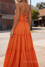 Orange A-line V Neck Sleeveless Floor-Length Chiffon Prom Dress Long Prom Dresses Backless with Pleated Ruffles