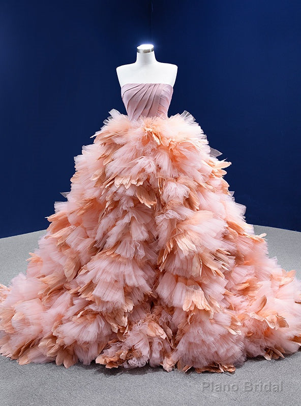 Orange Ball Gown Tulle Strapless Pleats Prom Dress Main image