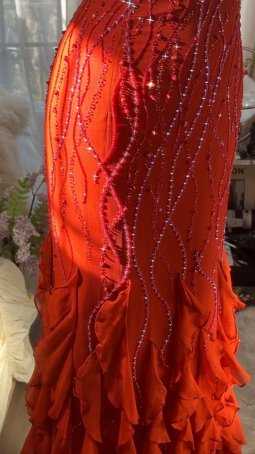 Orange Beautiful Charming Fashion Elegant Shiny Exquisite Beaded Long Chiffon Ball Gown Formal Evening Gown Birthday Party Gown Formal Prom Gown Graduation Gown
