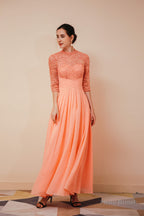 Lace Chiffon Long Zipper Back Mother of the Bride Dresses With Sleeves