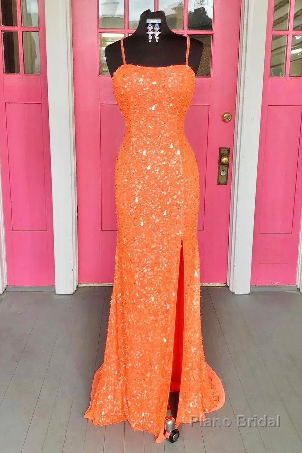Orange Lace-Up Sequins Prom Dress with Slit