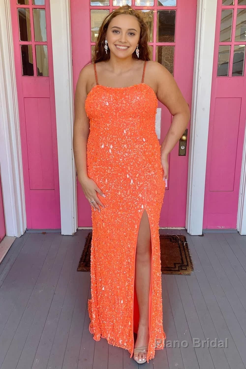 Orange Lace-Up Sequins Prom Dress with Slit Main image