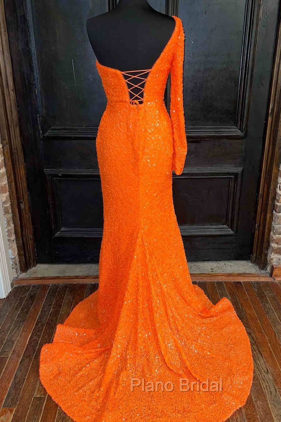 Orange Long Sleeve Sequined Formal Prom Dresses With Slit