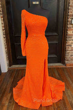 Orange Long Sleeve Sequined Formal Prom Dresses With Slit