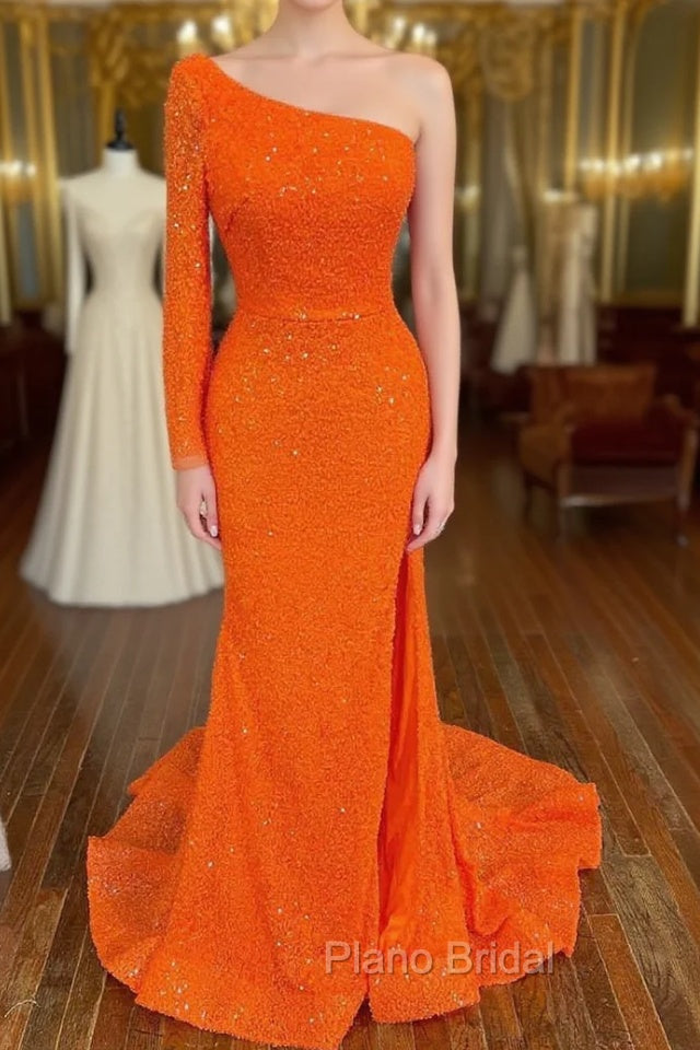 Orange Long Sleeve Sequined Formal Prom Dresses With Slit