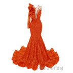 Orange Mermaid One Sleeve Formal Prom Dresses Sequined Lace Jewel Ruffles Evening Party Dress with Appliques