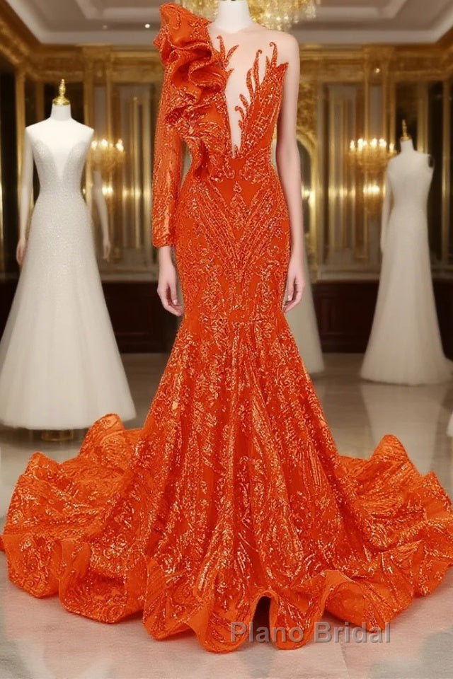 Orange Mermaid One Sleeve Formal Prom Dresses Sequined Lace Jewel Ruffles Evening Party Dress with Appliques