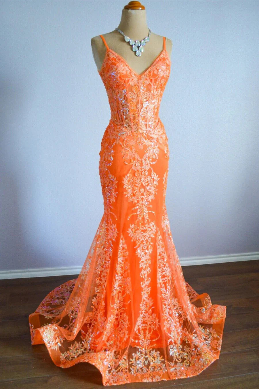 Orange Mermaid Spaghetti Straps Sequins Applique Long Formal Dresses Secondary image
