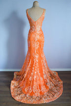 Orange Mermaid Spaghetti Straps Sequins Applique Long Formal Dresses