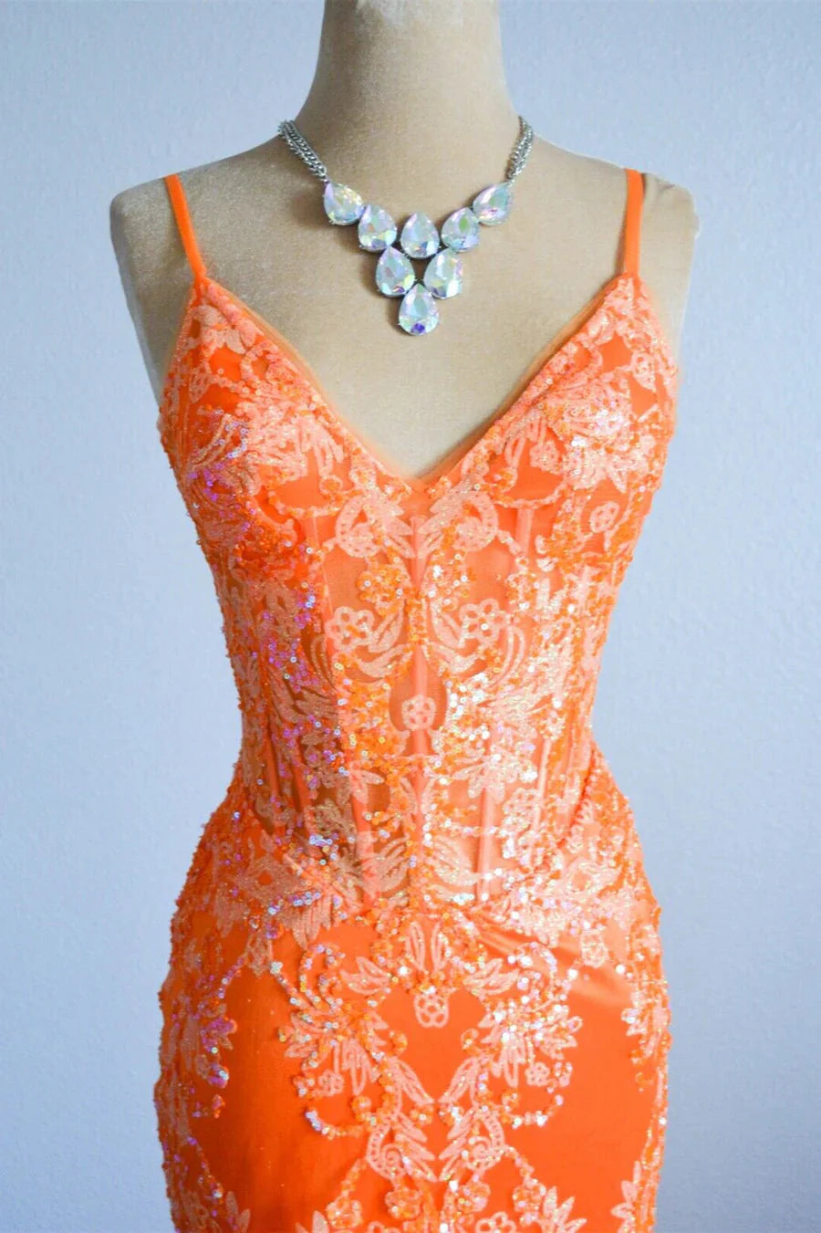 Orange Mermaid Spaghetti Straps Sequins Applique Long Formal Dresses