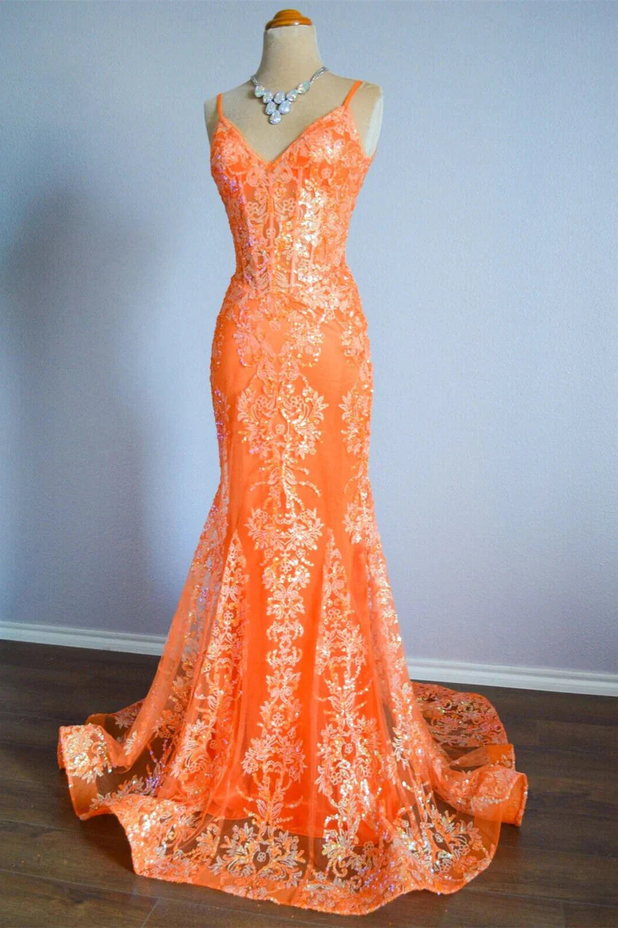 Orange Mermaid Spaghetti Straps Sequins Applique Long Formal Dresses